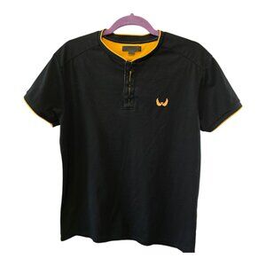NICK DANGER SIZE LARGE BLACK GOLD MENS TSHIRT SHORT SLEEVE HENLEY TRIM FLEX FIT